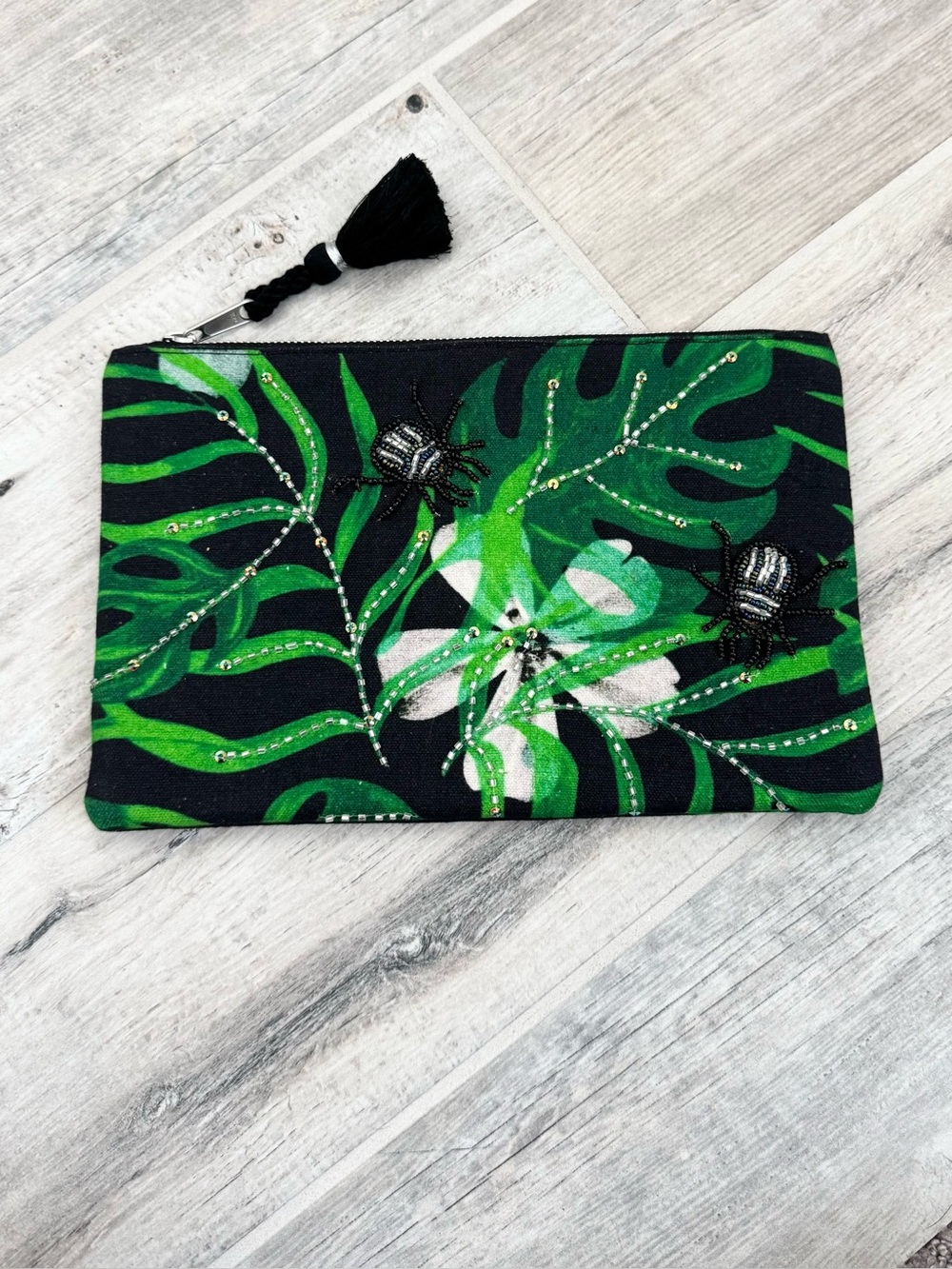 Beetle Beaded Green Black Canvas Zipper Clutch
